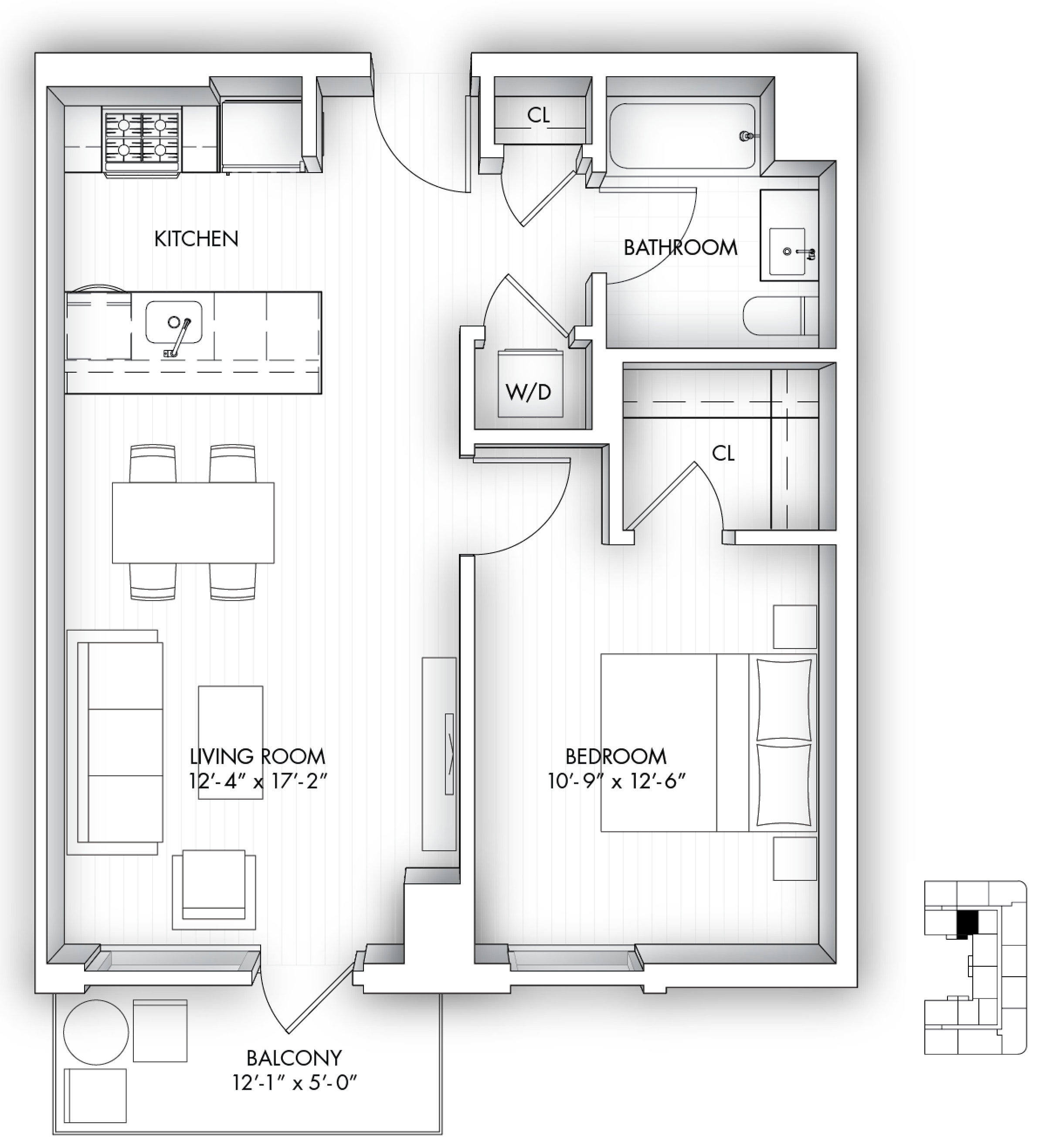 Floor plan for 1 bed, 1 bath, 685 sqft